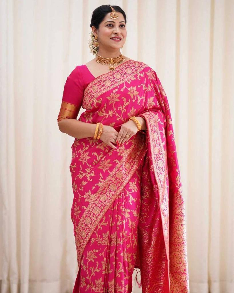 Pink Banarasi Silk Saree with Gold Zari Floral Jaal Work | For Party Wear