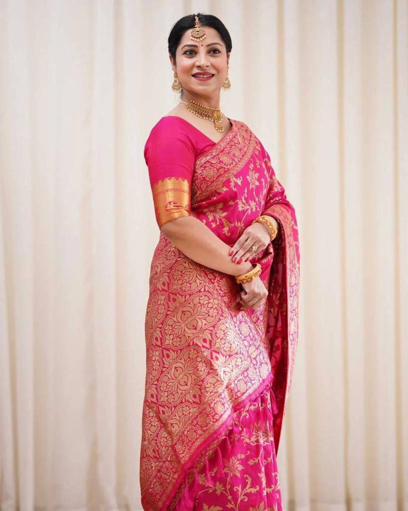 Pink Banarasi Silk Saree with Gold Zari Floral Jaal Work | For Party Wear