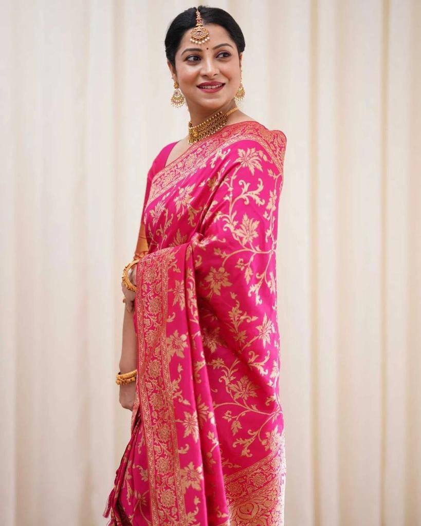 Pink Banarasi Silk Saree with Gold Zari Floral Jaal Work | For Party Wear