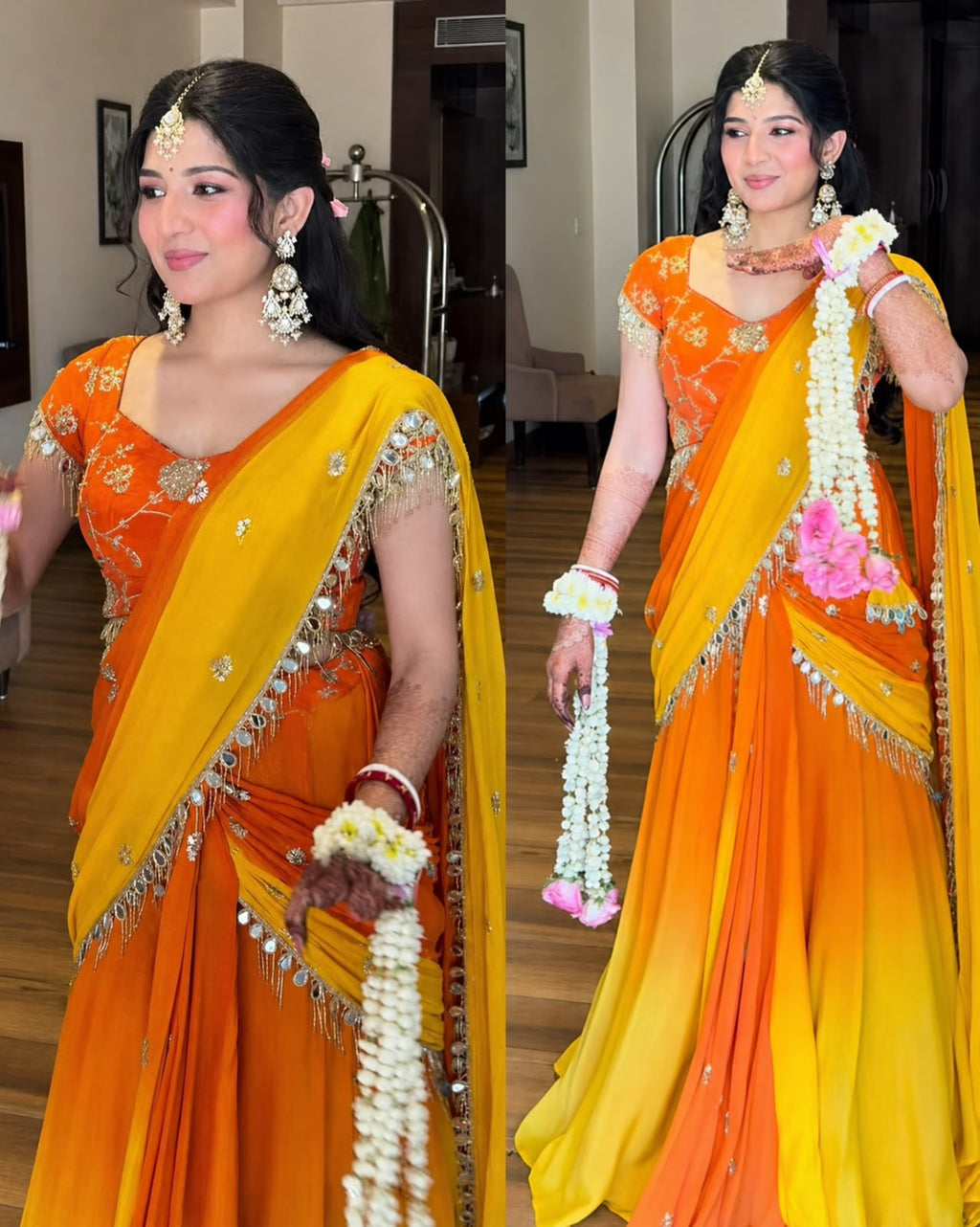 Orange & Yellow Mirror Work Faux Georgette Lehenga Saree For Women For Weeding And Festival Wear
