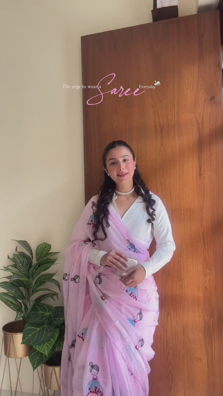 Product video of Premium Pink Chanderi Cotton Saree with Barbie Doll Multi Embroidery Work and White Bangalori Blouse for Women