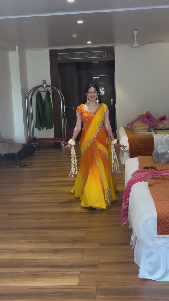 Orange & Yellow Mirror Work Faux Georgette Lehenga Saree For Women For Weeding And Festival Wear